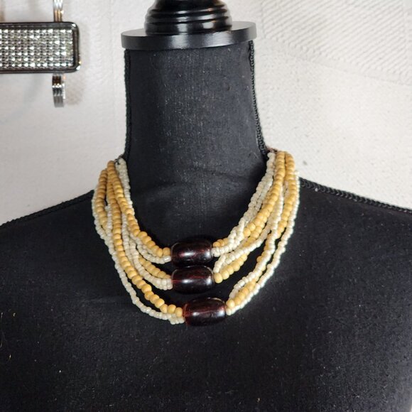 Express Wood Poly Brown Root Beer Tan Pearlescent White Bead 17" Choker Necklace - Picture 15 of 16